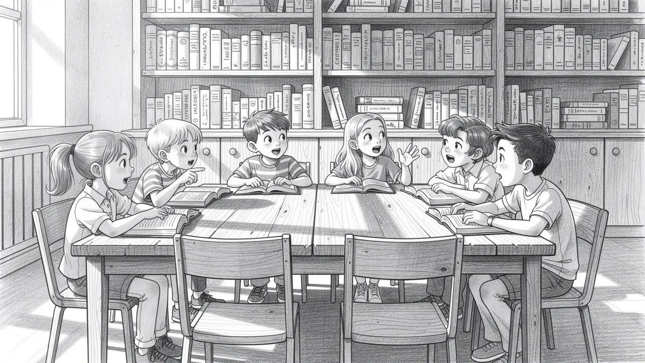 Alumnos debatiendo libros en el aula escolar juntos