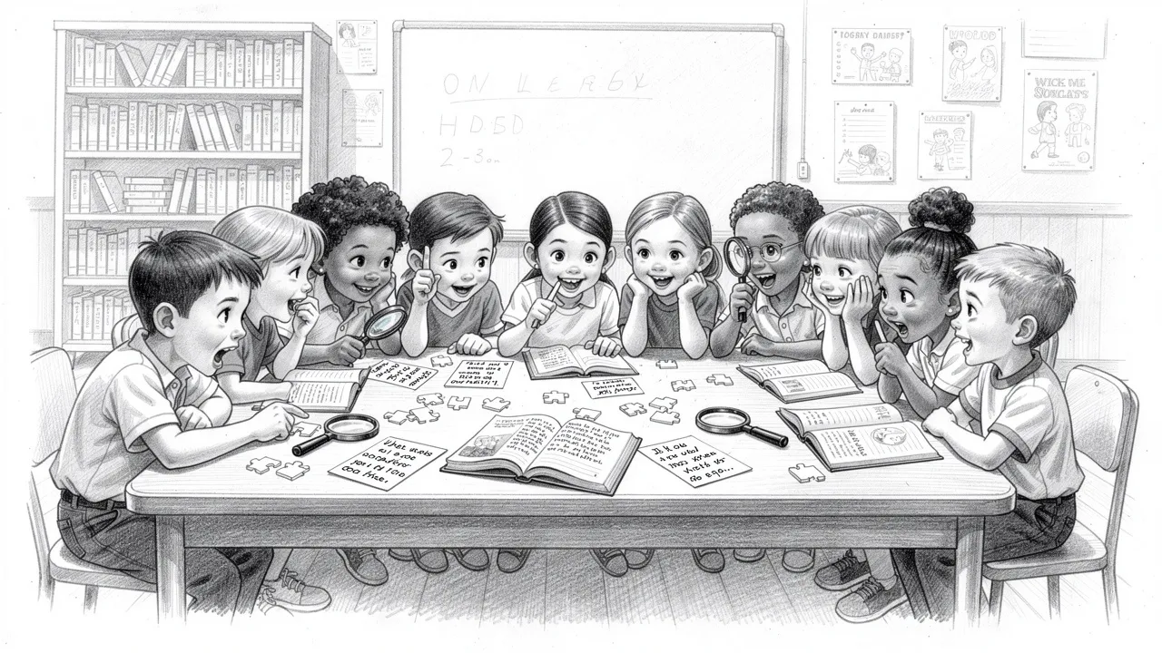 Niños jugando escape room literario en clase primaria