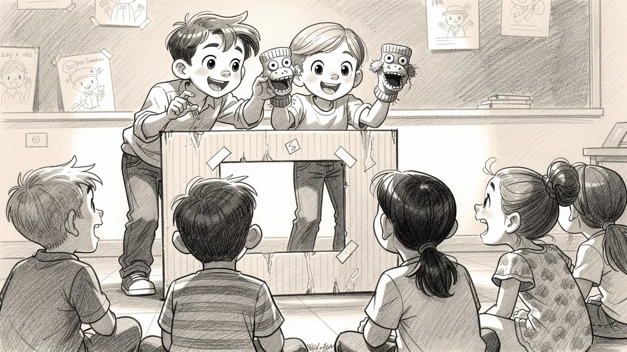 Alumnos usando marionetas para dramatizar textos literarios