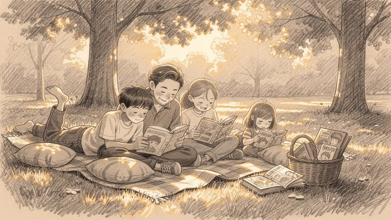Familia leyendo juntos en maratón de lectura exterior