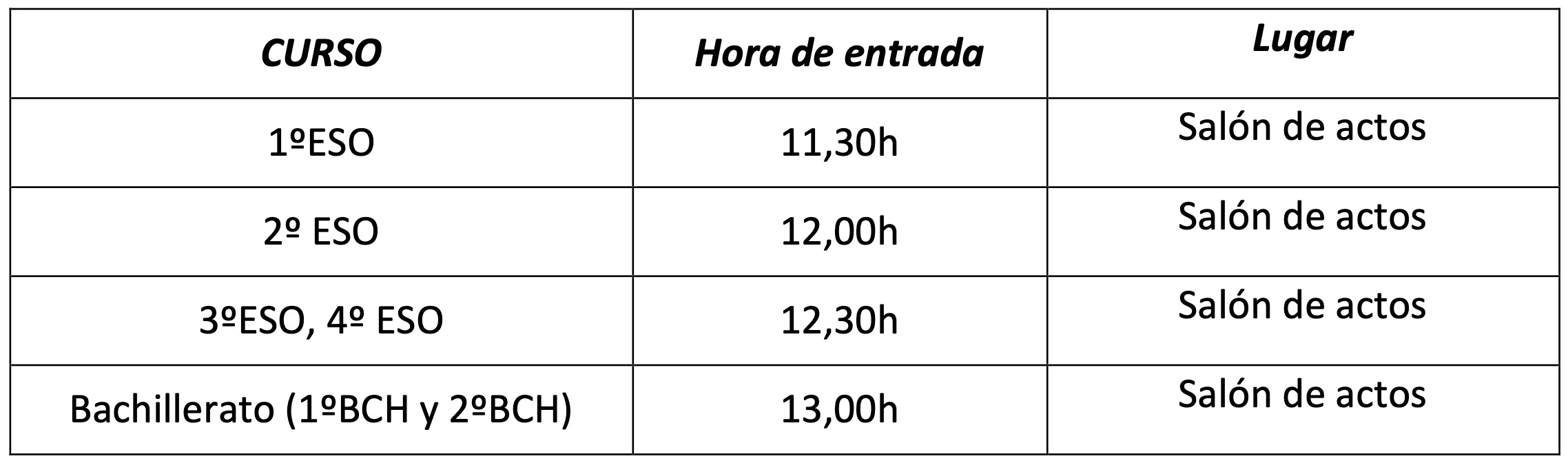 Horario de inicio de curso de Secundaria y Bachillerato - Curso 2025/26